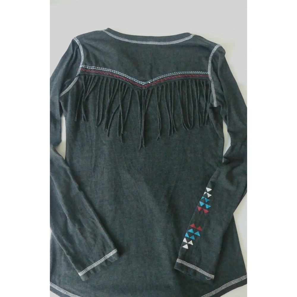 Panhandle Slim Big Chief Leather Goods Fringe Graphic Top Western Gray Womens L - Picture 5 of 8